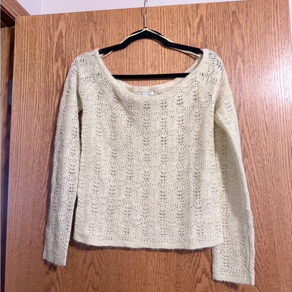 American Eagle Outfitters Cream Open-Knit Scoop Neck Sweater